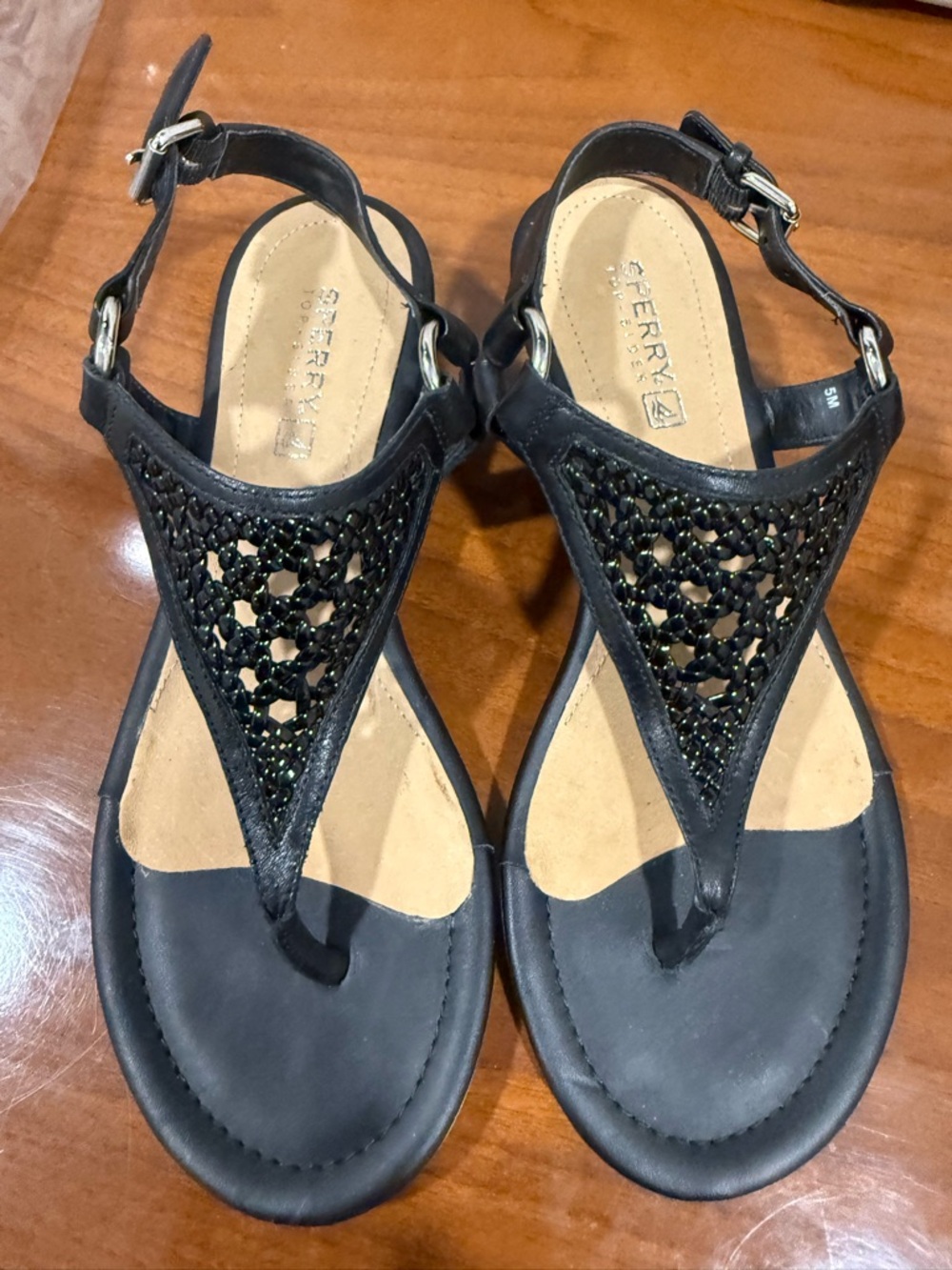 Sperry Black Jeweled T-Strap Sandals for Women